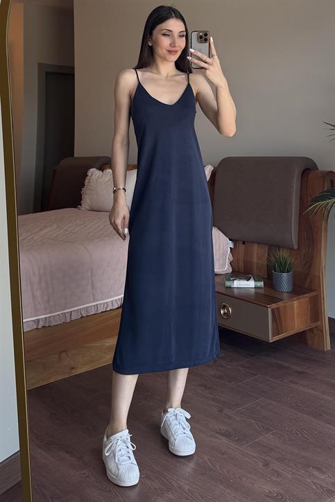 Lacivert Askılı Pike Modal Elbise