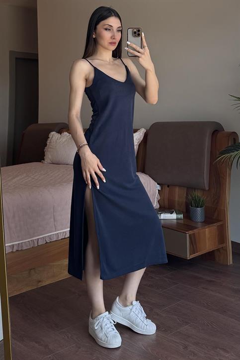 Lacivert Askılı Pike Modal Elbise
