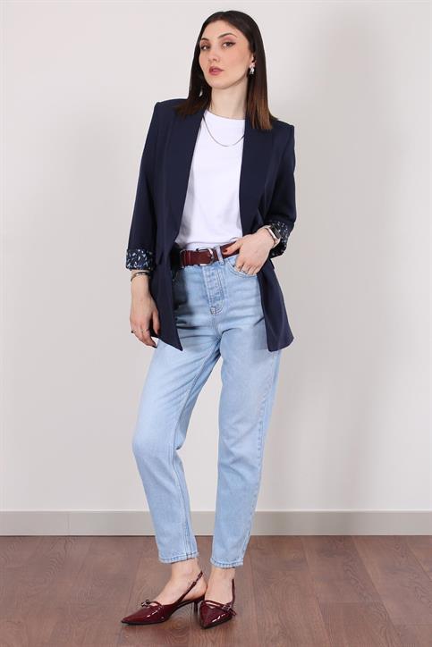 Lacivert Atlas Kumaş Leopar Astarlı Blazer Ceket