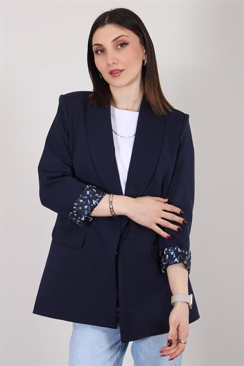 Lacivert Atlas Kumaş Leopar Astarlı Blazer Ceket