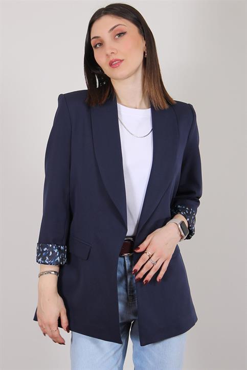 Lacivert Atlas Kumaş Leopar Astarlı Blazer Ceket