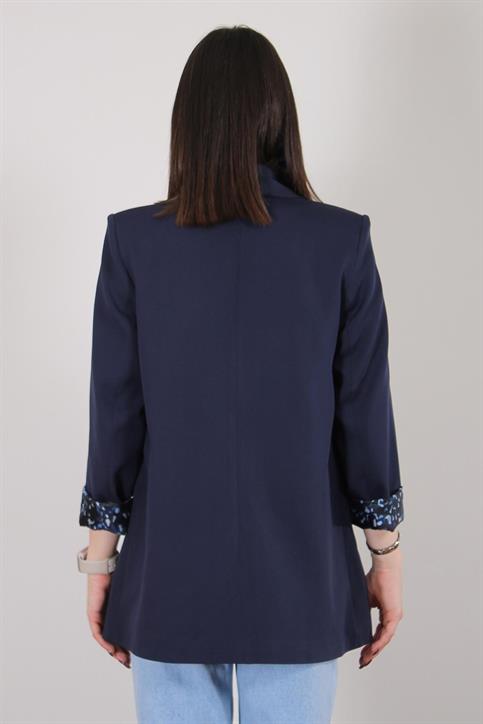 Lacivert Atlas Kumaş Leopar Astarlı Blazer Ceket