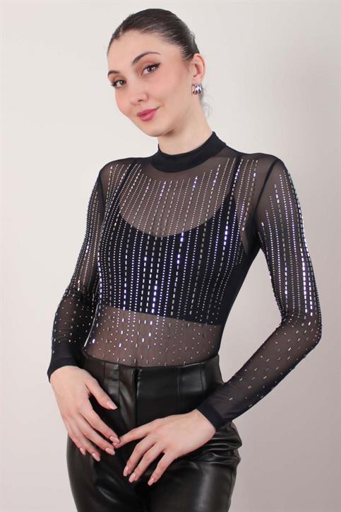 Lacivert Baget Taşlı Transparan Bodysuit