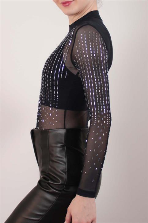 Lacivert Baget Taşlı Transparan Bodysuit