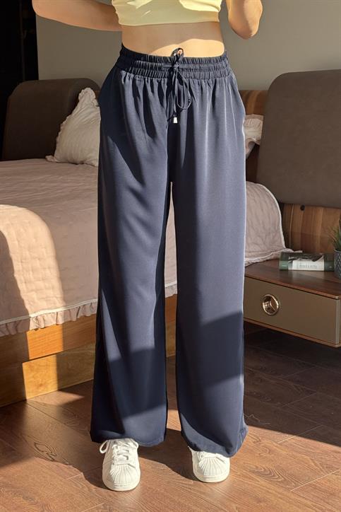 Lacivert Beli Lastikli Bol Paça Pantolon