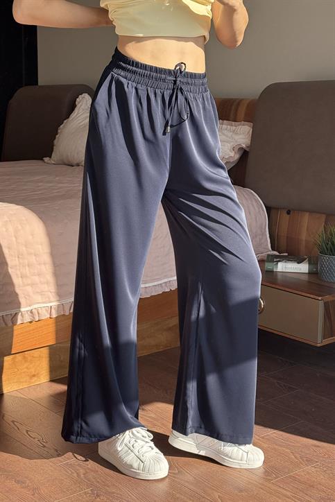Lacivert Beli Lastikli Bol Paça Pantolon