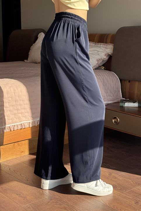 Lacivert Beli Lastikli Bol Paça Pantolon