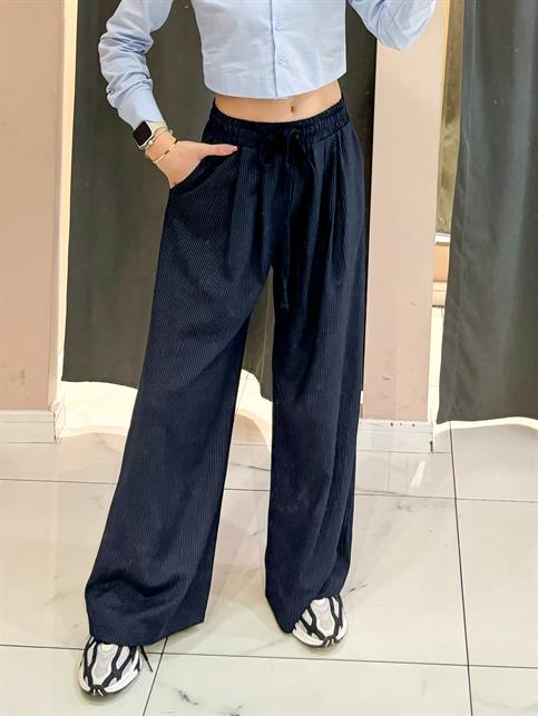Lacivert Beli Lastikli Çizgili Pantolon