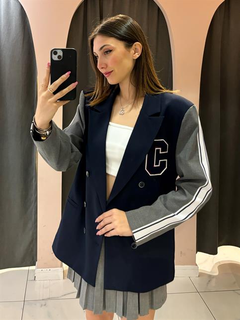 Lacivert C Armalı Yanları Şeritli Oversize Ceket