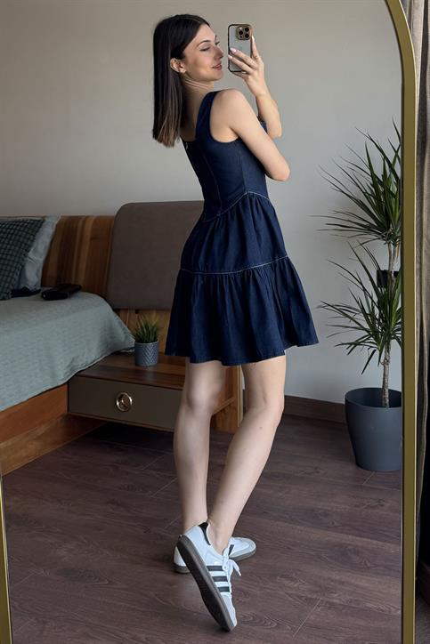 Lacivert Dikiş Detaylı Mini Elbise