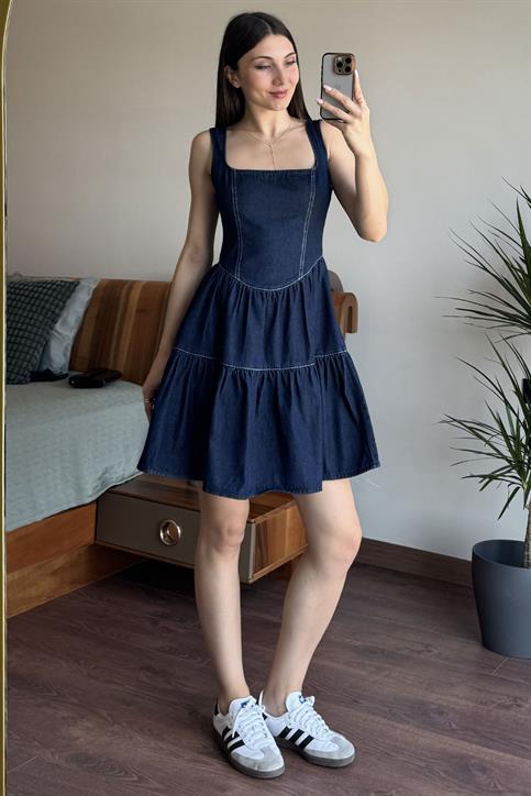 Lacivert Dikiş Detaylı Mini Elbise