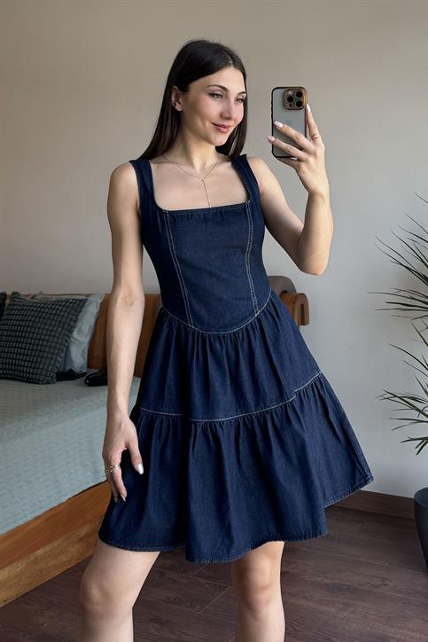 Lacivert Dikiş Detaylı Mini Elbise