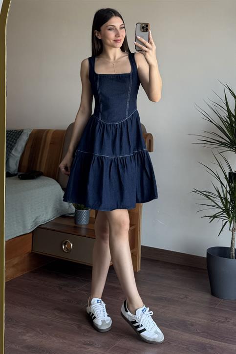 Lacivert Dikiş Detaylı Mini Elbise