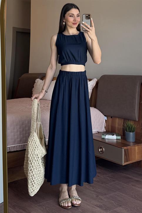 Lacivert Etekli Crop Takım