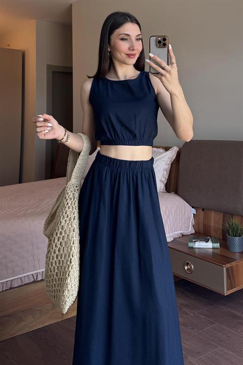 Lacivert Etekli Crop Takım