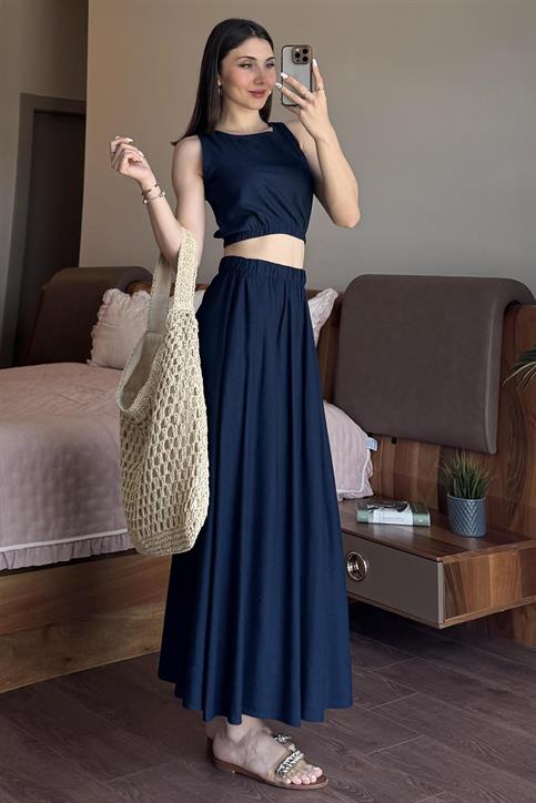 Lacivert Etekli Crop Takım