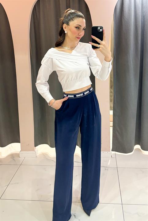 Lacivert Forever Young Baskılı Kemer Detaylı Beli Lastikli Pantolon