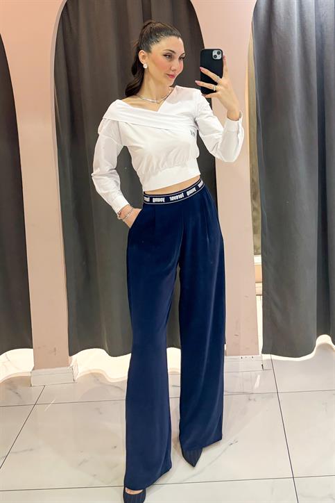 Lacivert Forever Young Baskılı Kemer Detaylı Beli Lastikli Pantolon
