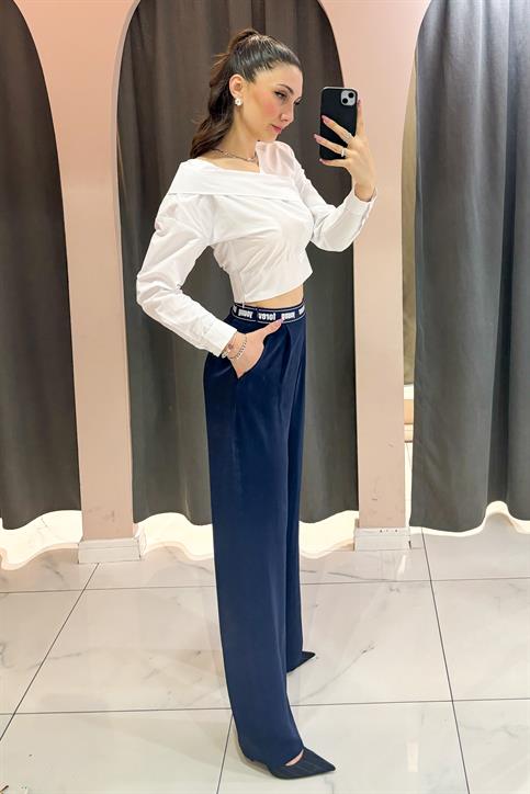 Lacivert Forever Young Baskılı Kemer Detaylı Beli Lastikli Pantolon