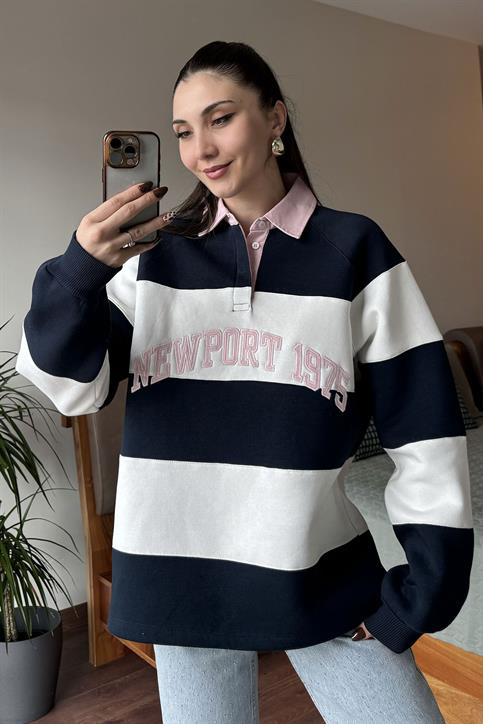 Lacivert Gabardin Yakalı Önü Nakışlı Sweatshirt