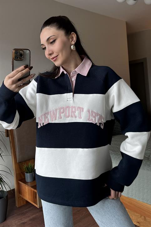 Lacivert Gabardin Yakalı Önü Nakışlı Sweatshirt