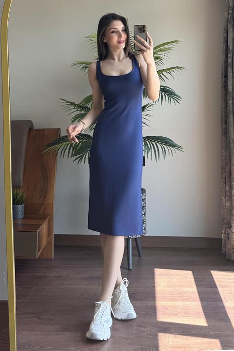Lacivert Kalın Askılı Astarlı Elbise