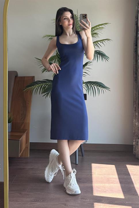 Lacivert Kalın Askılı Astarlı Elbise