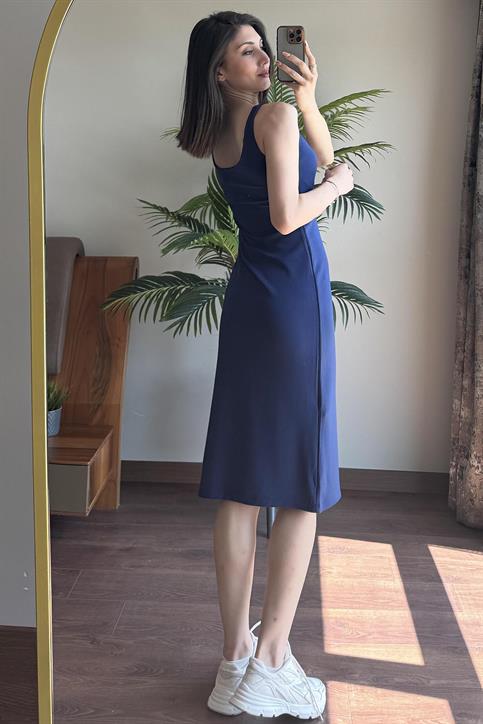 Lacivert Kalın Askılı Astarlı Elbise