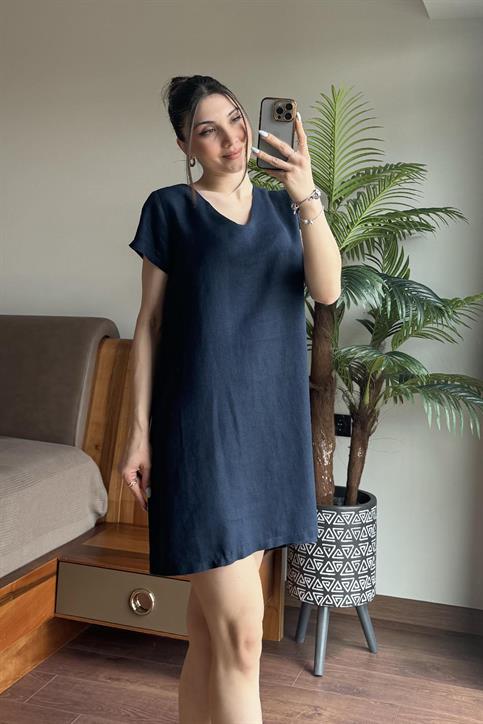 Lacivert Keten Elbise