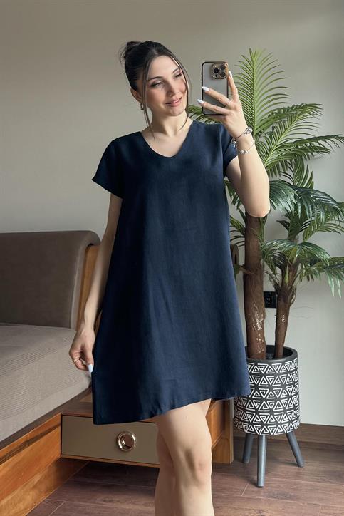 Lacivert Keten Elbise
