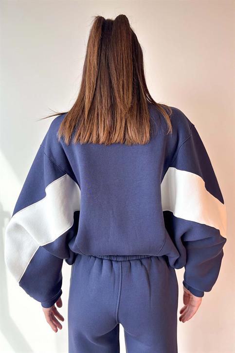 Lacivert Kolu Parça Detaylı Üç İplik Şardonlu Fermuarlı Sweatshirt