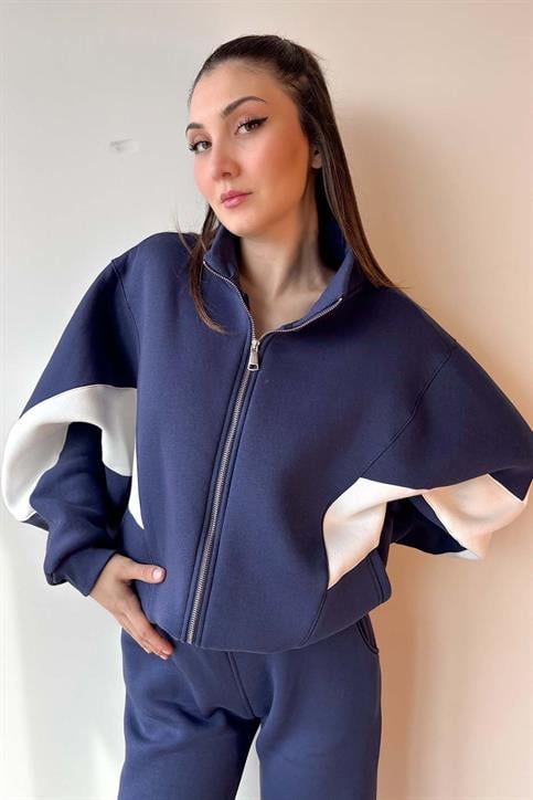 Lacivert Kolu Parça Detaylı Üç İplik Şardonlu Fermuarlı Sweatshirt