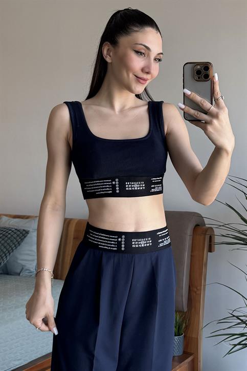 Lacivert Lastik Detaylı Crop Top Atlet