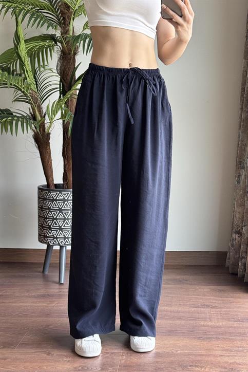 Lacivert Massi Beli İpli Tencel Pantolon