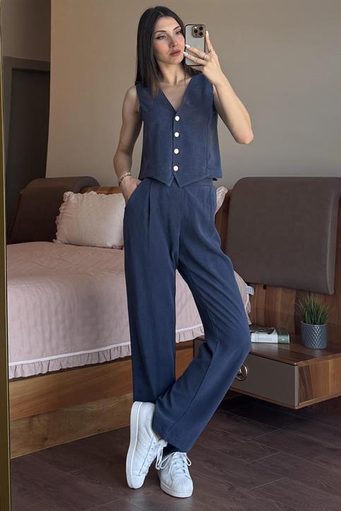 Lacivert Massi Yelekli Tencel Takım
