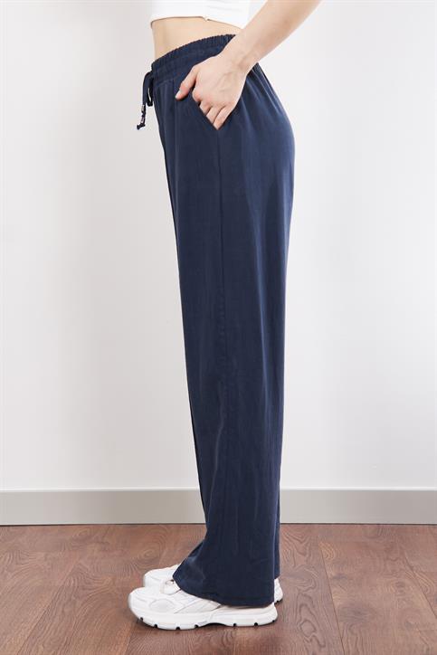 Lacivert MD Beli Lastikli Tencel Palazzo Pantolon