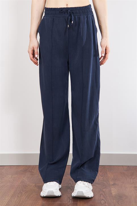 Lacivert MD Beli Lastikli Tencel Palazzo Pantolon