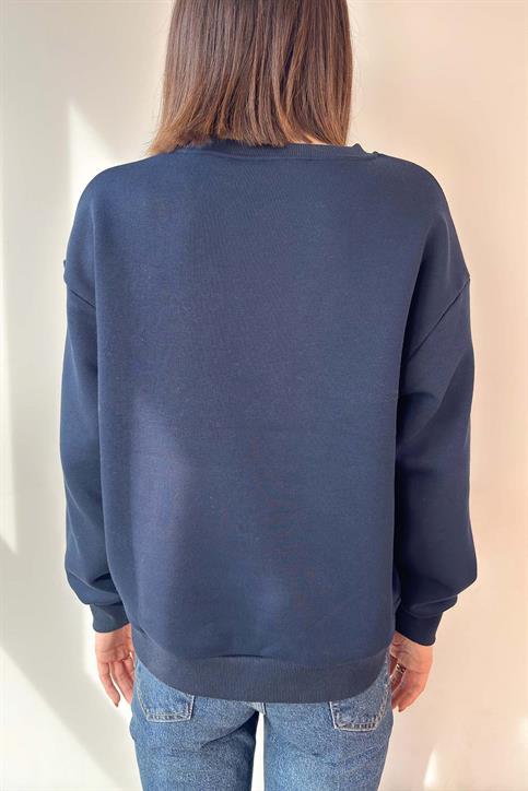 Lacivert Monaco Nakışlı Oversize Sweatshirt