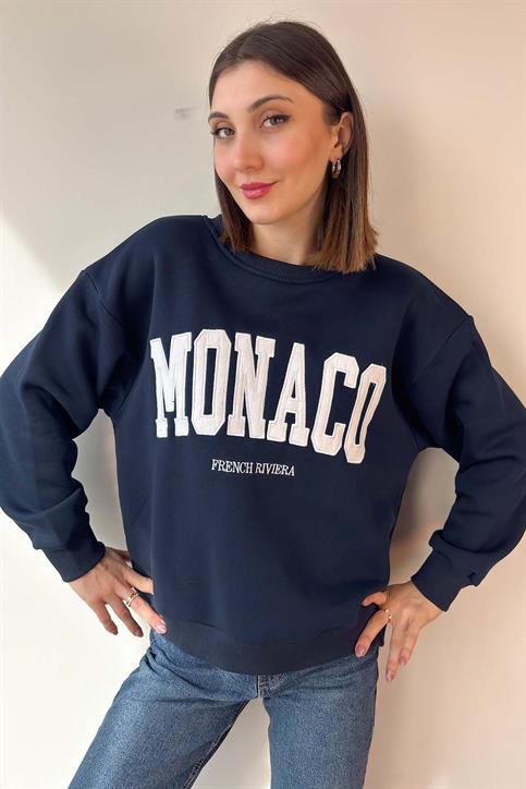 Lacivert Monaco Nakışlı Oversize Sweatshirt
