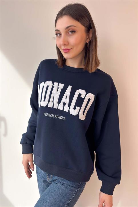 Lacivert Monaco Nakışlı Oversize Sweatshirt