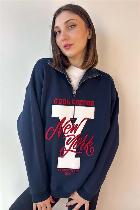 Lacivert New York Nakışlı Fermuarlı Sweatshirt