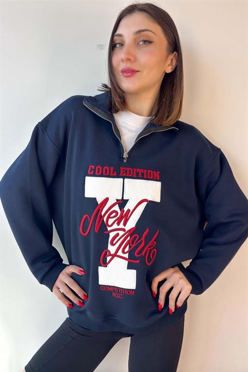 Lacivert New York Nakışlı Fermuarlı Sweatshirt