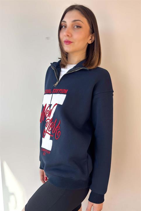 Lacivert New York Nakışlı Fermuarlı Sweatshirt