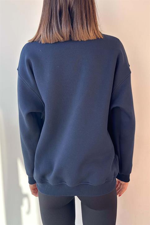 Lacivert New York Nakışlı Fermuarlı Sweatshirt