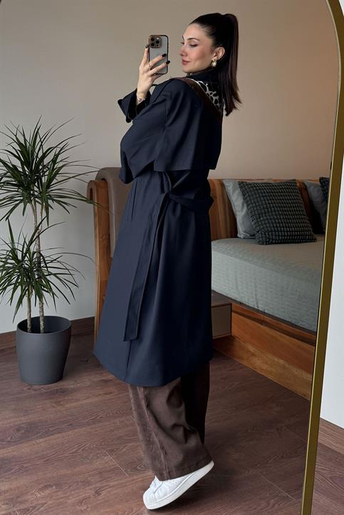 Lacivert Oversize Bezayağı Uzun Trençkot