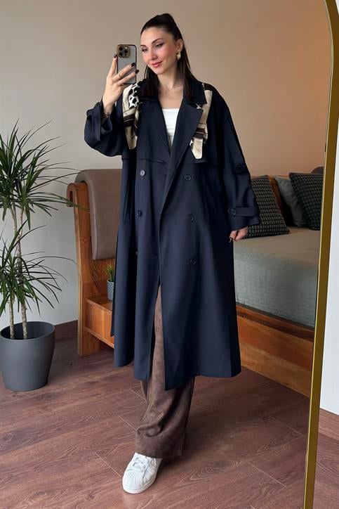 Lacivert Oversize Bezayağı Uzun Trençkot