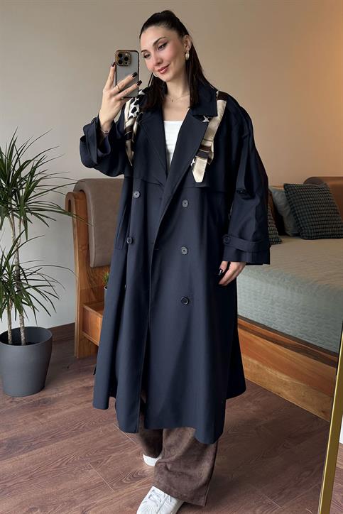 Lacivert Oversize Bezayağı Uzun Trençkot