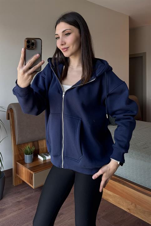 Lacivert Oversize Kapüşonlu Fermuarlı Hoodie
