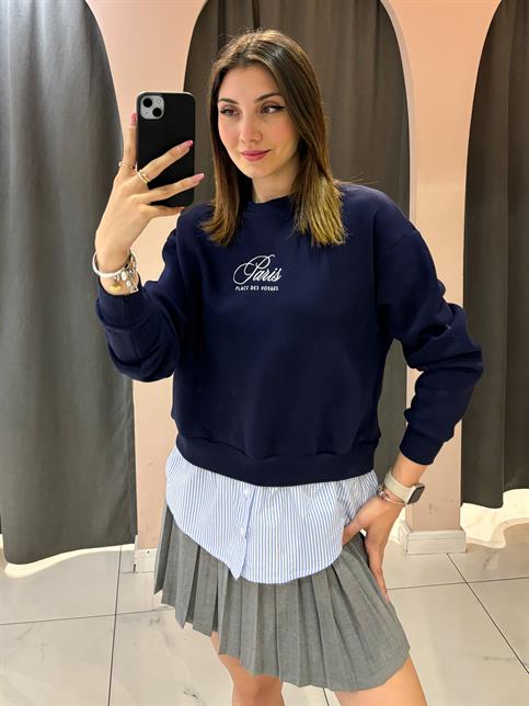 Lacivert Paris Baskılı Gömlek Detaylı Sweatshirt