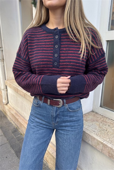Lacivert Sedef Düğmeli Çizgili Açık Yaka Triko